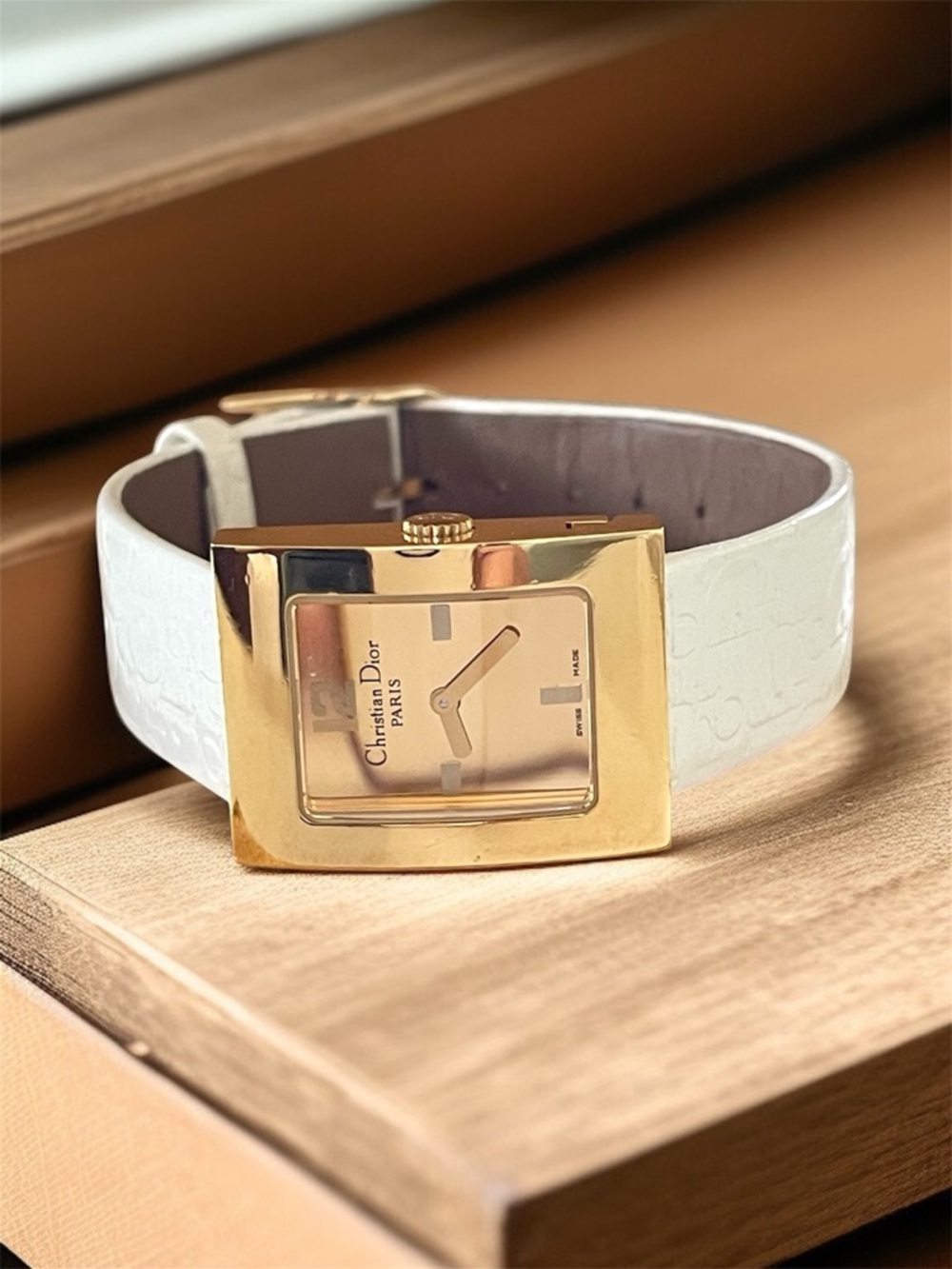 Dior Gold-Tone Rectangular Watch with White Logo Strap - Picture 10 of 17